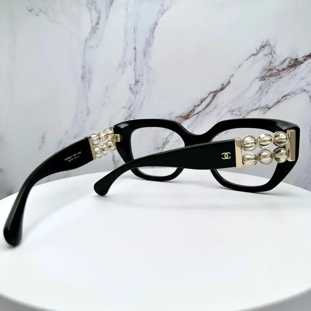 New CHANEL Eyeglasses Black Gold Cat Eye Clear Rotating Pearls 52mm - Picture 8 of 15